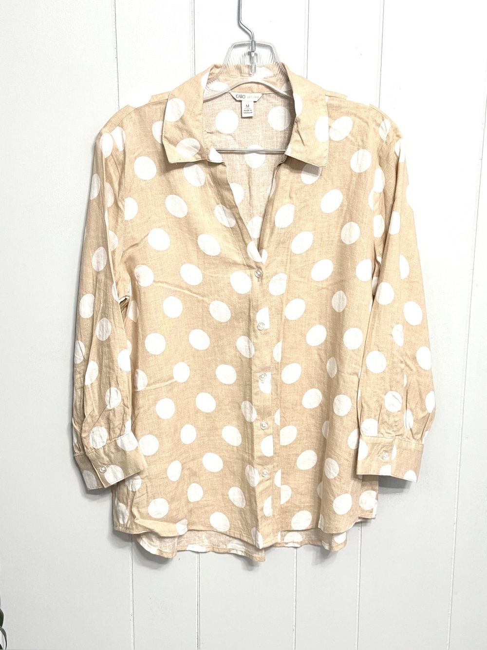 #19) Cato Beige and White Polka Dot Button-Down Shirt